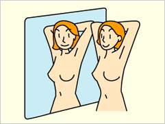 入浴時や着がえのときに、鏡の前で腕の上げ下げなどのポーズをしながら目で確認します(視診)。